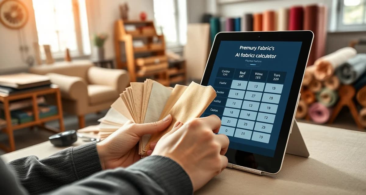 Smart fabric measurement technology for professional upholsterers AI fabric calculator interface for upholstery shops reducing yardage calculation errors from 15-20% to under 2% accuracy