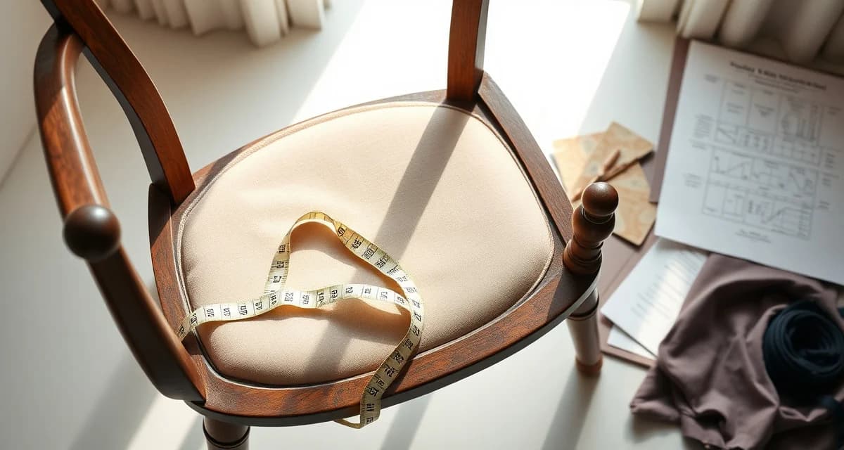 How to measure antique chairs for fabric yardage Antique chair frame with measuring tape and fabric swatches for calculating upholstery yardage requirements.