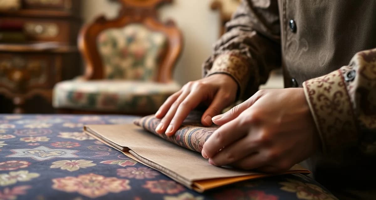 Expert fabric selection for antique furniture upholstery Upholsterer examining period-appropriate fabric samples for antique furniture restoration, showing texture and pattern details