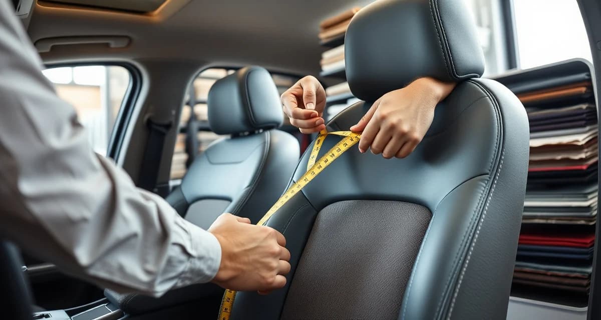 Professional fabric measurement for auto upholstery projects Automotive upholstery technician measuring fabric yardage on car seat using precision tools for accurate panel coverage calculation.