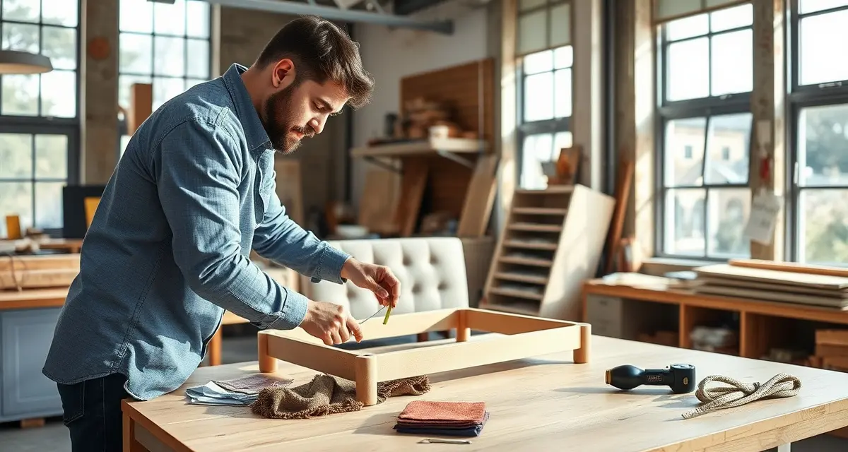 Fabric yardage measurement for banquette upholstery Upholstery professional calculating fabric yardage for banquette back panels using measurement tools and fabric samples on workbench