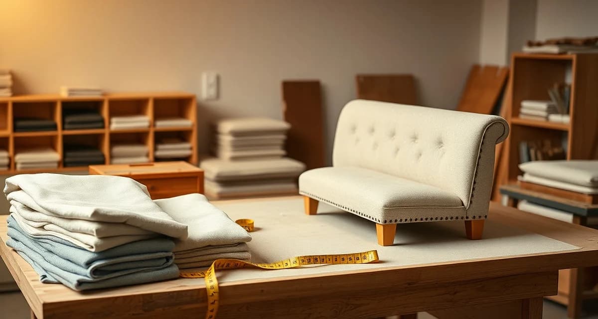 Upholstery fabric requirements by bench size Fabric yardage measurement chart for reupholstering benches of different lengths, showing fabric swatches and measuring tools on a professional workbench.