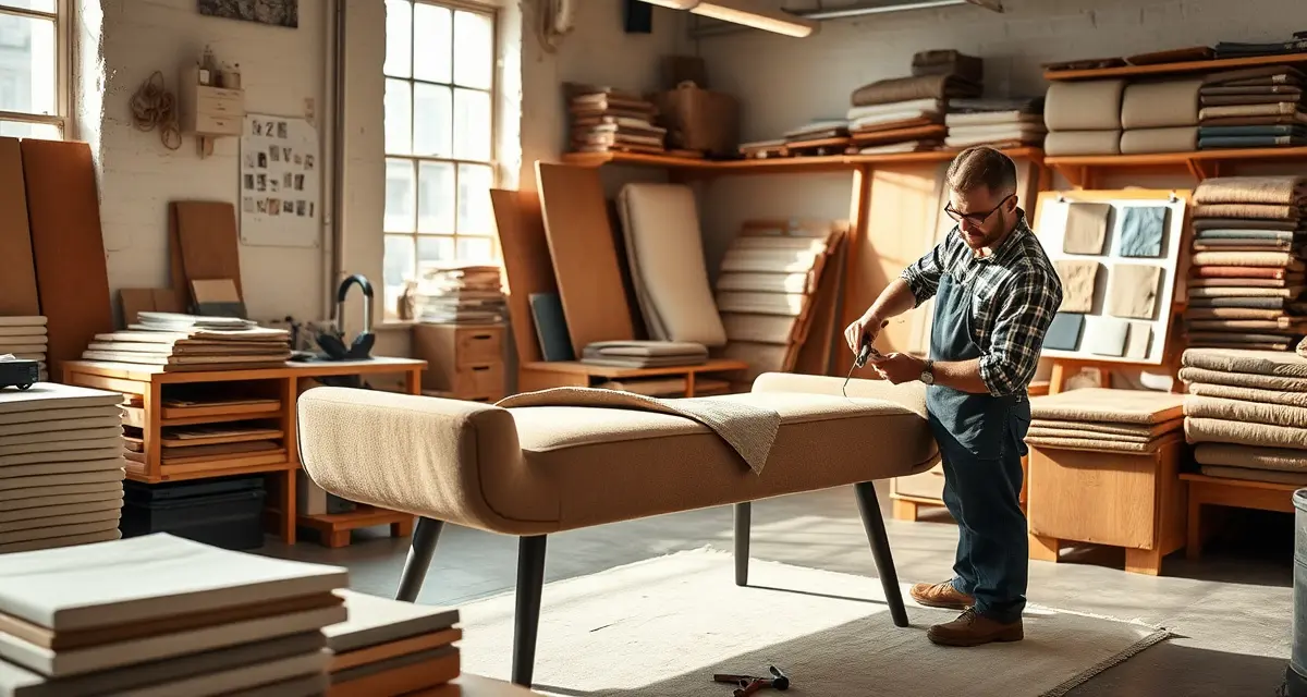Expert Bench Reupholstery Techniques Professional upholsterer reupholstering a bench with foam padding and fabric in a clean workshop setting
