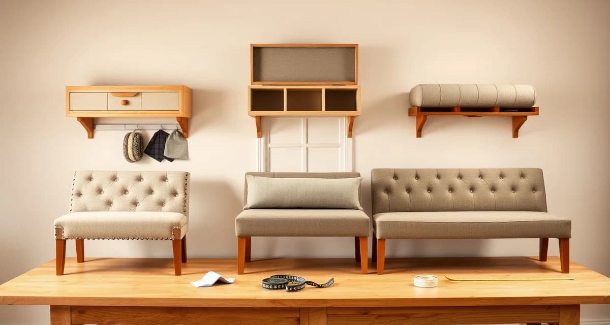 Bench seating styles and fabric yardage reference Five different bench seating configurations showing fabric yardage requirements for upholstery projects including hall benches, window seats, and storage benches.