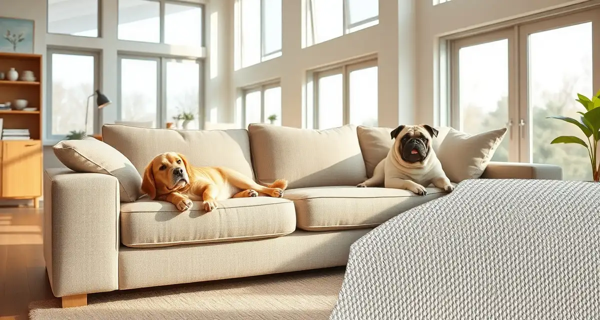 Pet-resistant upholstery fabric recommendation Durable upholstery fabric on sofa with large and small dog breeds demonstrating fabric selection for pet-friendly homes.