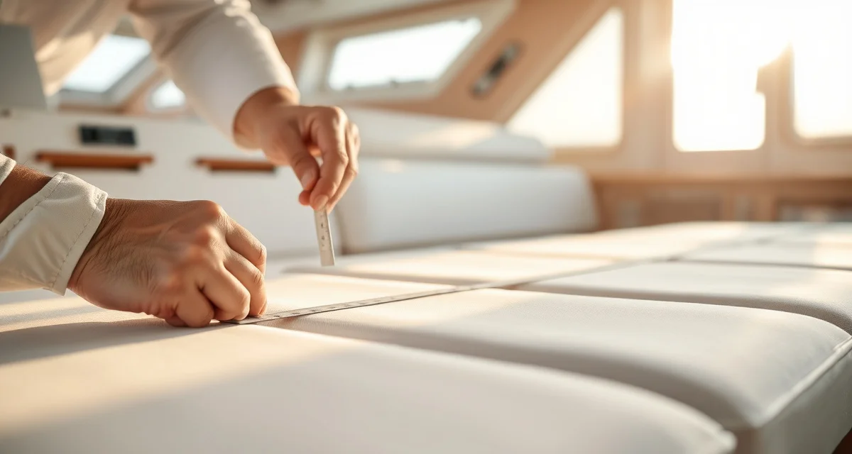 Marine upholstery fabric measurement guide Fabric yardage calculator for boat upholstery showing marine-grade seam allowance measurements and cushion layout planning