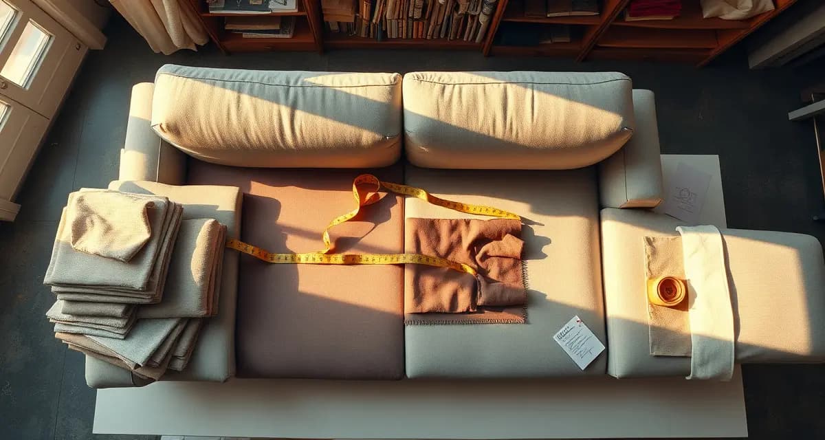 Sectional fabric yardage calculation guide Upholstery shop workspace showing fabric calculation process for sectional sofa with measuring tools and fabric samples