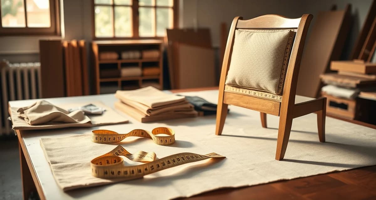 Fabric yardage measurement technique for upholstery Step-by-step fabric yardage calculation measurements displayed on upholstery chair with measuring tape and fabric swatches