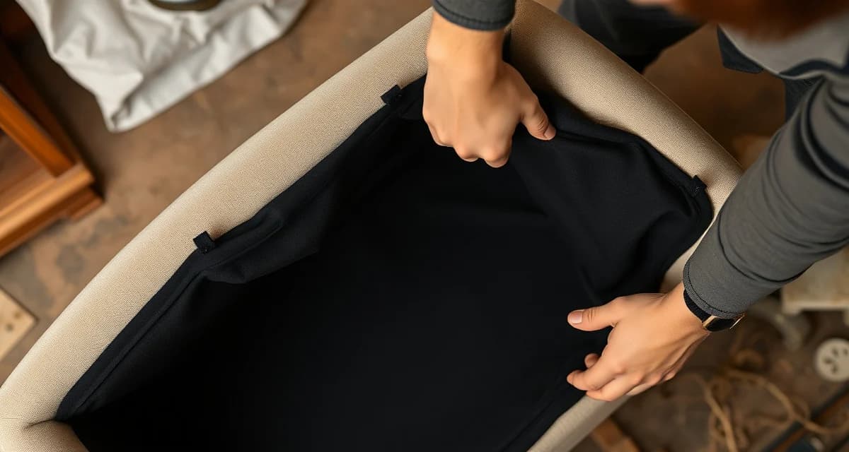 Cambric dust cover installation process Professional upholsterer installing cambric dust cover on furniture underside with careful staple placement technique