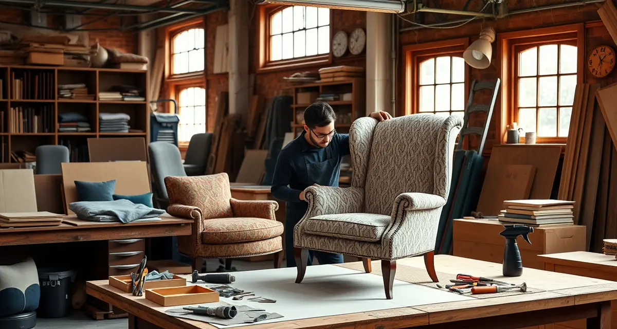 Chair reupholstery pricing comparison guide Professional upholsterer reupholstering a wing chair in a well-lit workshop with premium fabrics and specialized tools