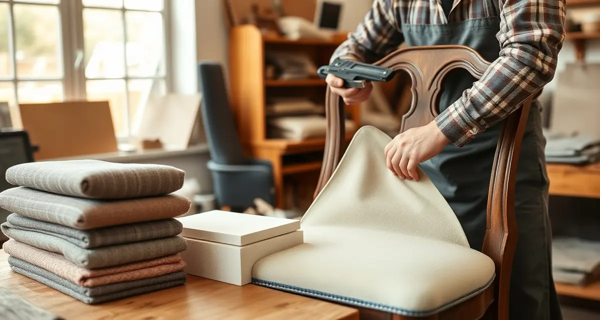 Professional Chair Reupholstery Techniques Upholsterer carefully reupholstering a dining chair using professional techniques and quality foam materials in a bright workshop setting