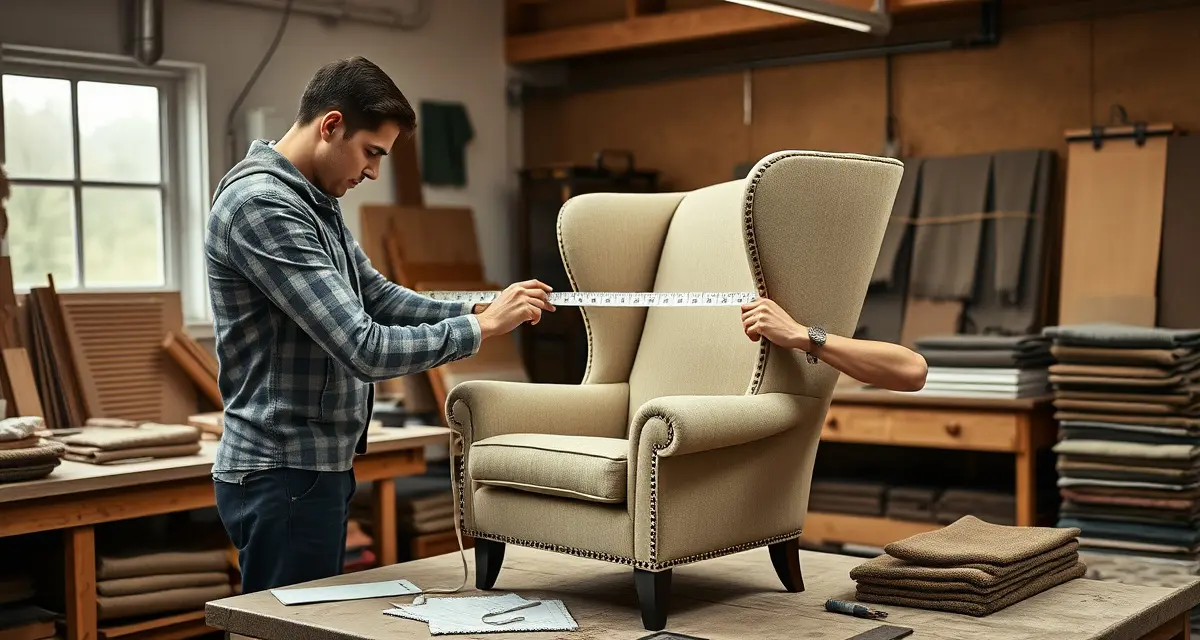 Chair measurement techniques for accurate reupholstery estimates Professional measuring a wingback chair for reupholstery with fabric and measurement tools on workbench