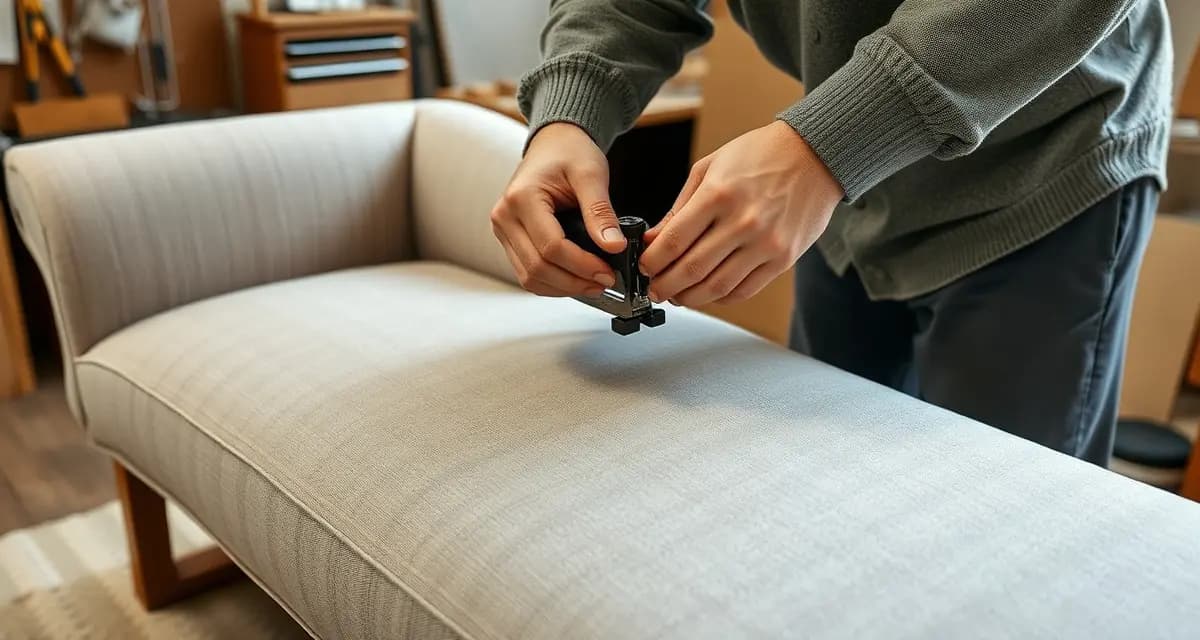 Professional chaise reupholstering technique Expert upholsterer applying fabric with proper tension to chaise lounge frame at critical seat-to-footrest transition point for professional reupholstering results.