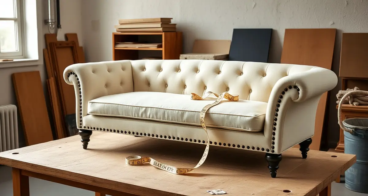 Chaise yardage measurement setup Chaise lounge with fabric swatches and measuring tape for accurate yardage calculation in upholstery reupholstery projects