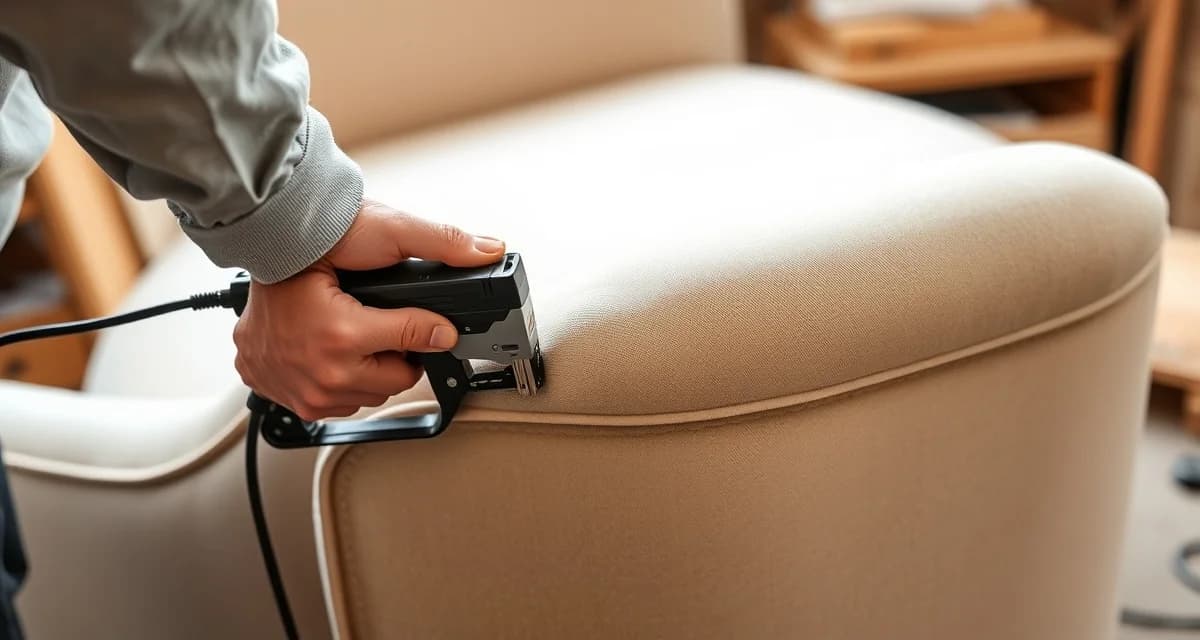 Professional chaise reupholstery center-start technique demonstration Upholsterer using center-start stapling technique on chaise lounge to reduce midpoint tension failure and ensure proper fabric distribution