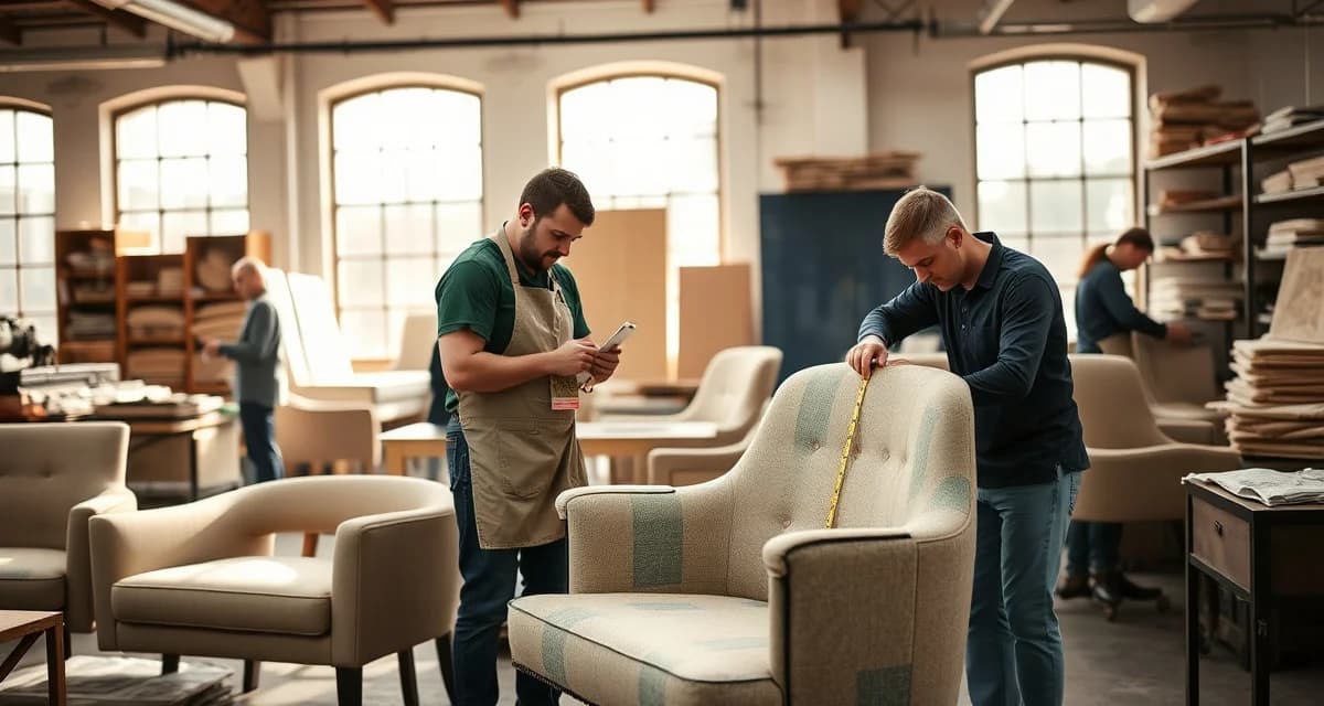 Commercial upholstery production workflow Professional upholstery craftspeople working on commercial furniture production in a modern workshop with fabric samples and tools