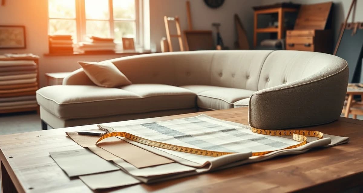 Calculating fabric requirements for curved sectional backs Curved sectional sofa fabric yardage measurement with curved back panel and measuring tools on work table
