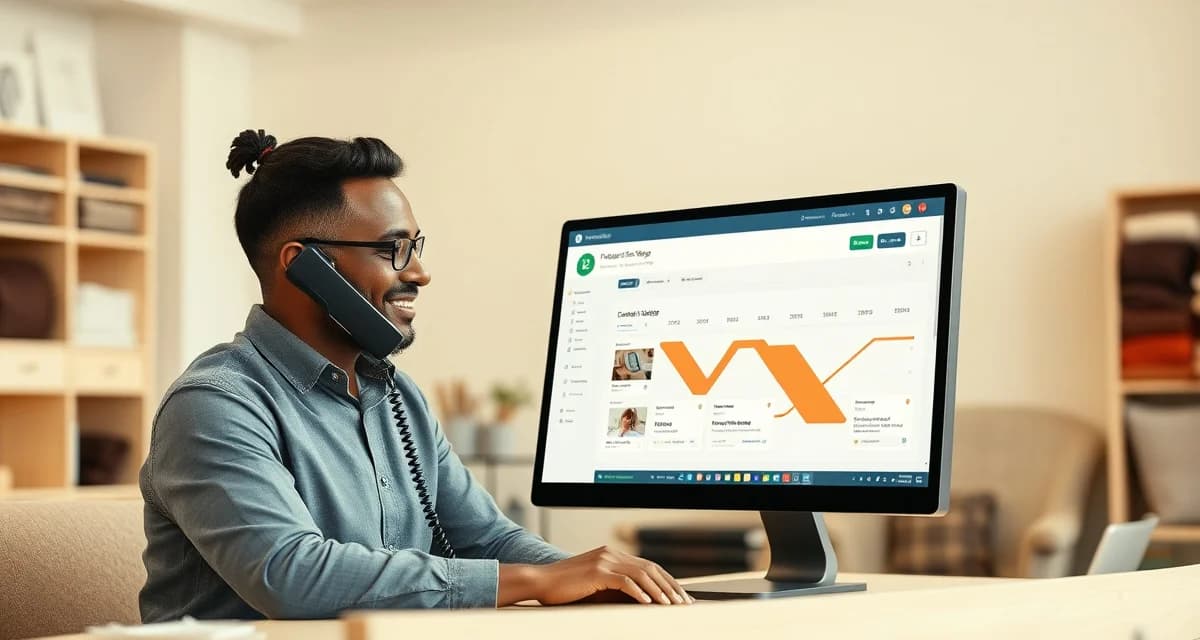 Proactive customer communication in upholstery business Upholstery shop manager using communication software to provide customer updates on furniture repair timeline and project status.