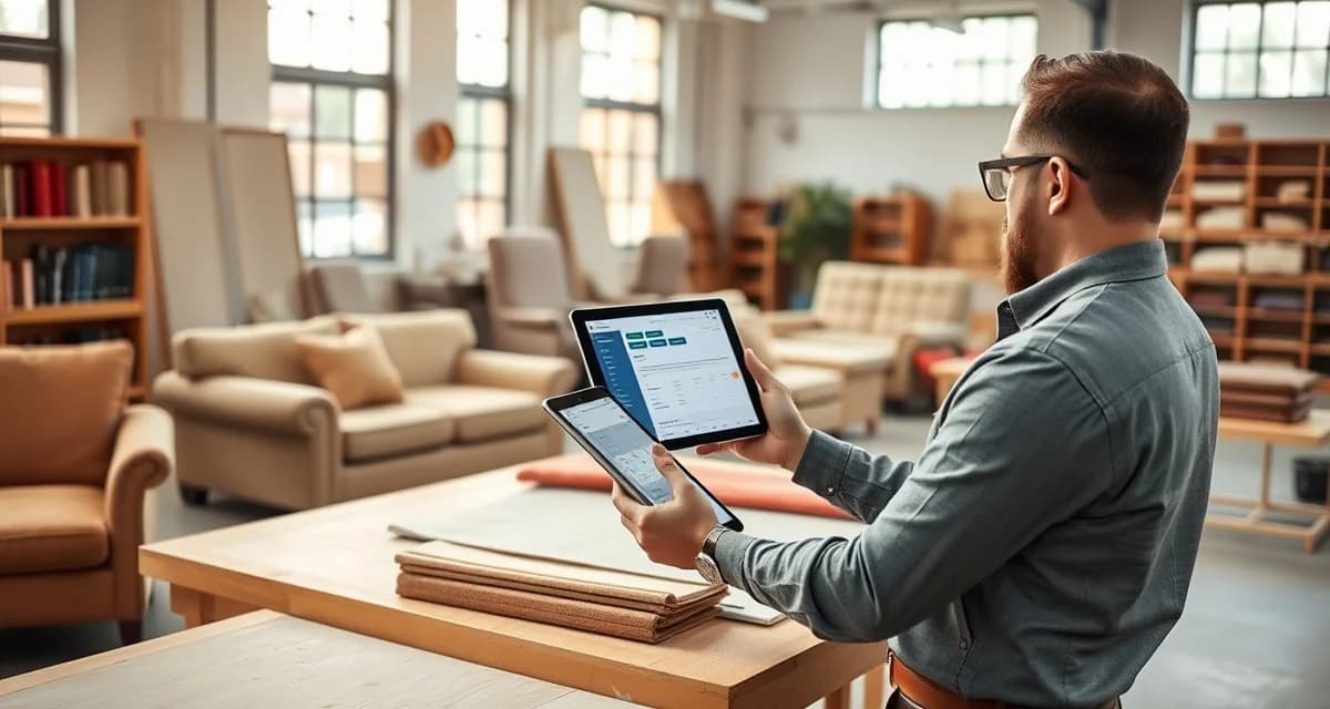 Real-time furniture tracking for upholstery businesses Upholstery shop manager using a customer portal dashboard to track furniture project status and delivery timelines on tablet