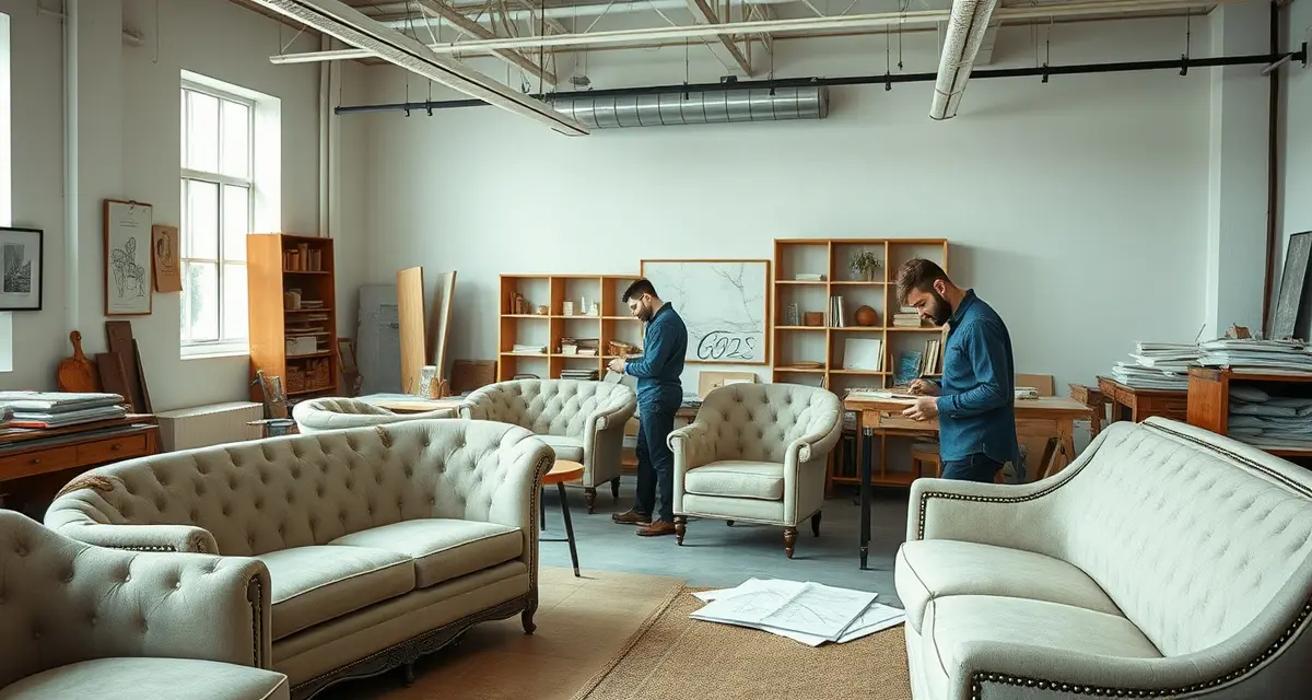 Dallas upholstery market and designer partnerships Professional upholstery shop in Dallas Design District showing furniture restoration work and designer collaboration opportunities