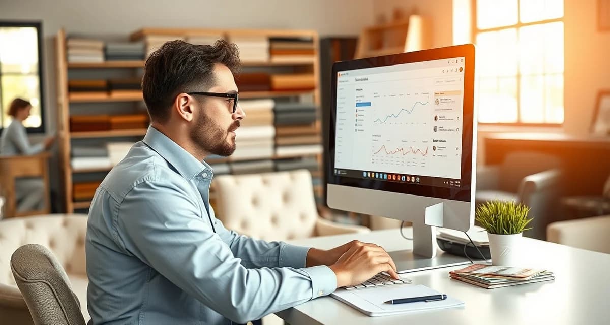 Modern upholstery business management software interface Upholstery shop manager using StitchDesk software for efficient quote and job management in Delaware workshop