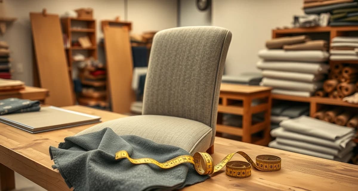 Fabric yardage calculation for dining chair upholstery Dining chair reupholstering fabric yardage requirements shown with fabric samples and measuring tools on workbench