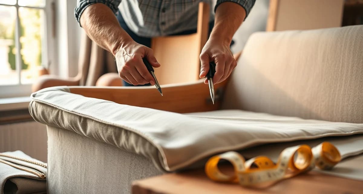 Assessing your DIY reupholstery skills and materials DIY sofa reupholstery project showing hands removing old fabric from wooden frame with upholstery tools