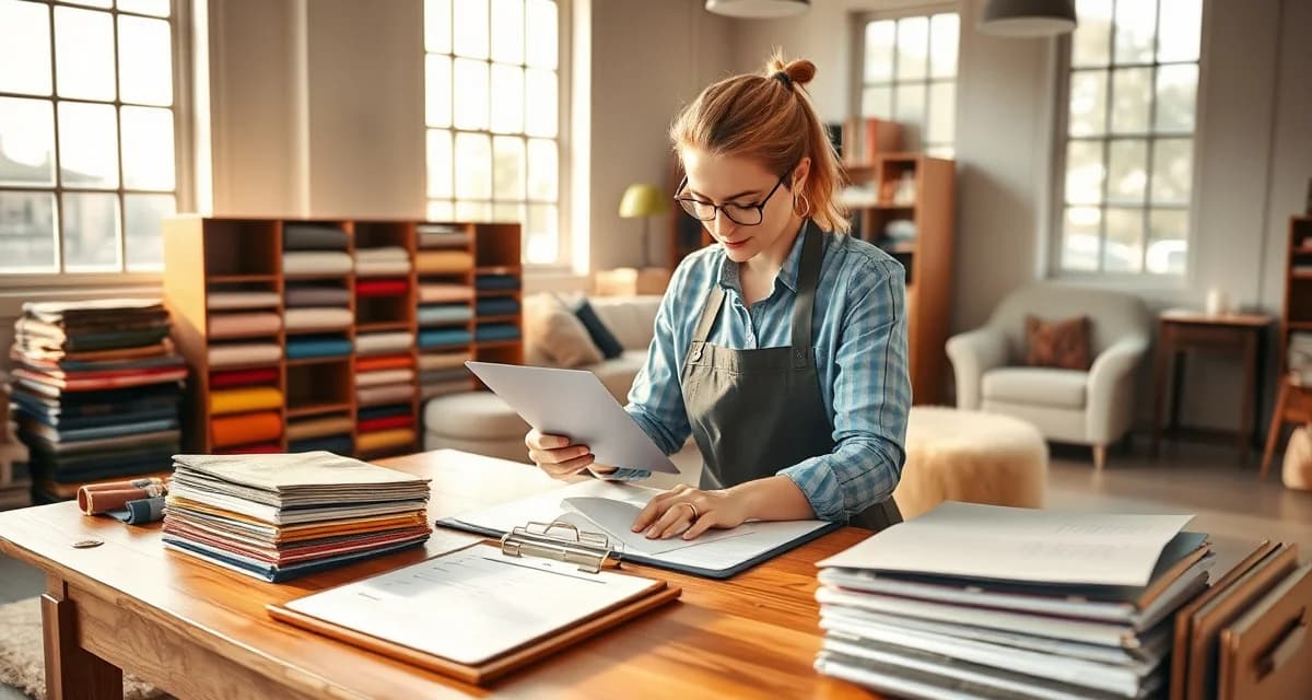 Fabric order management workflow for upholstery businesses Upholstery shop manager organizing fabric orders and supplier documents with organized materials and scheduling system at desk
