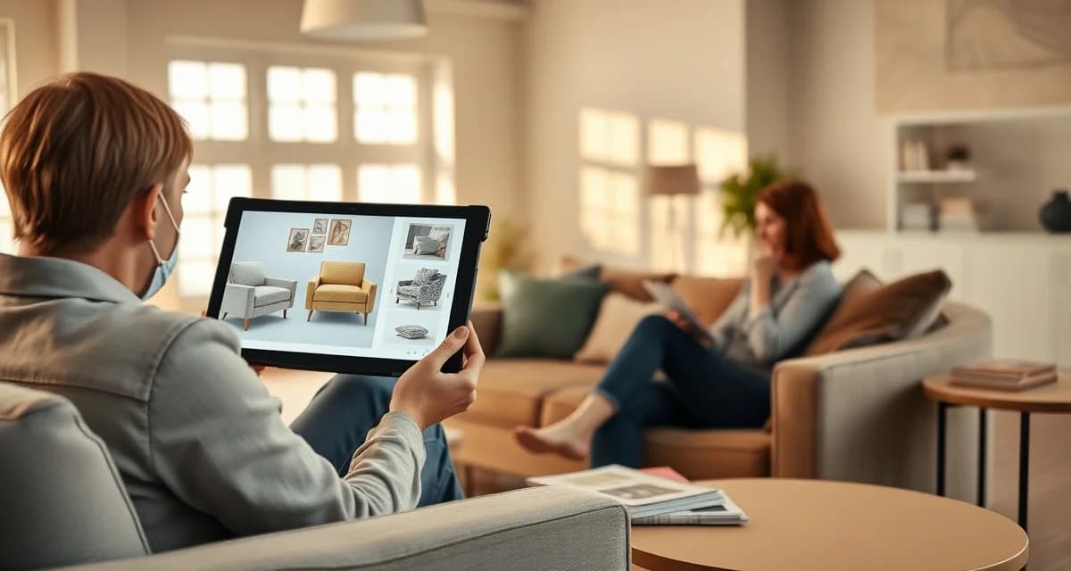 Digital fabric visualization for upholstery shops Upholstery shop owner showing fabric visualization tool on tablet to client viewing 3D furniture rendering preview before ordering