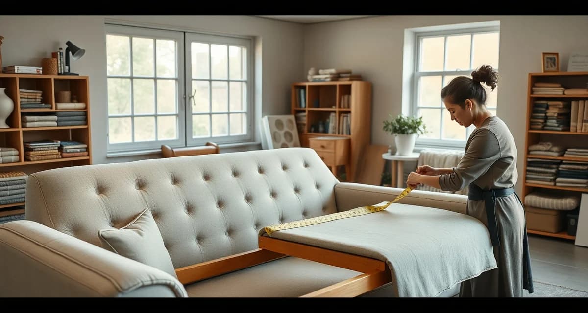 Sofa fabric measurement and yardage calculation process Upholstery professional measuring fabric yardage on sofa frame with tape measure and pattern samples for accurate cutting zone calculations