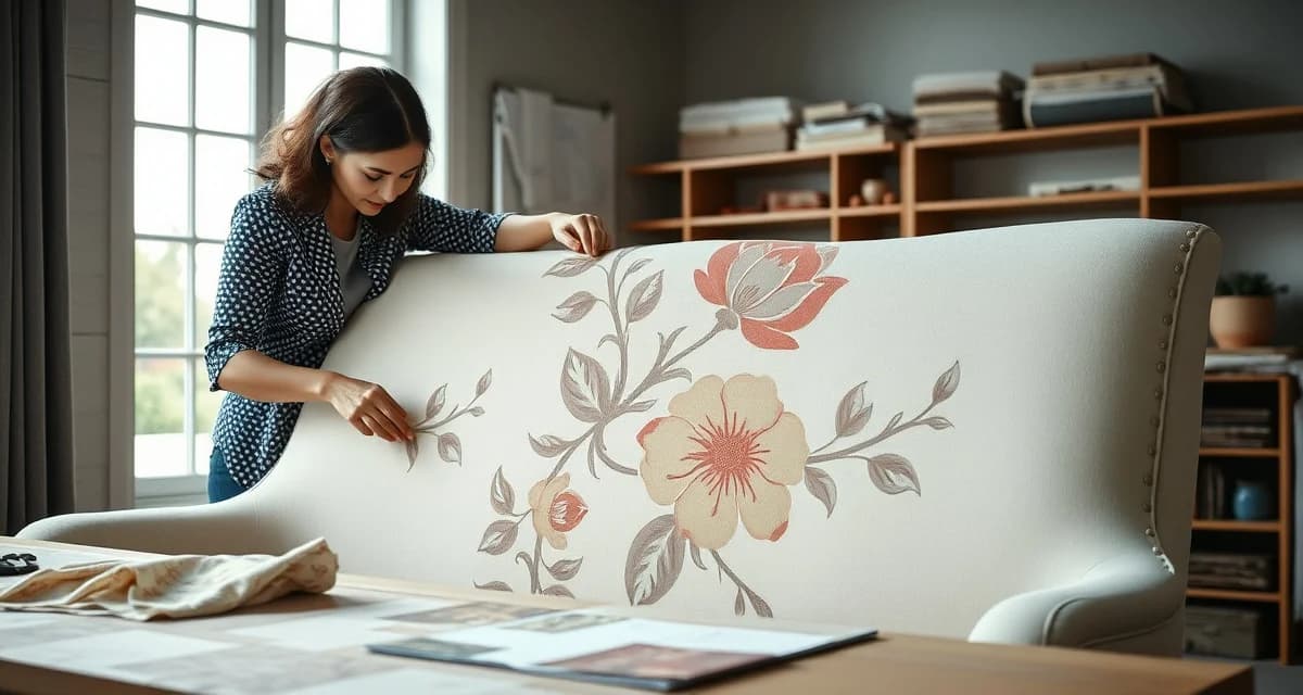 Professional floral fabric centering technique Upholsterer centering large-scale floral pattern on sofa back for professional finish and proper motif alignment