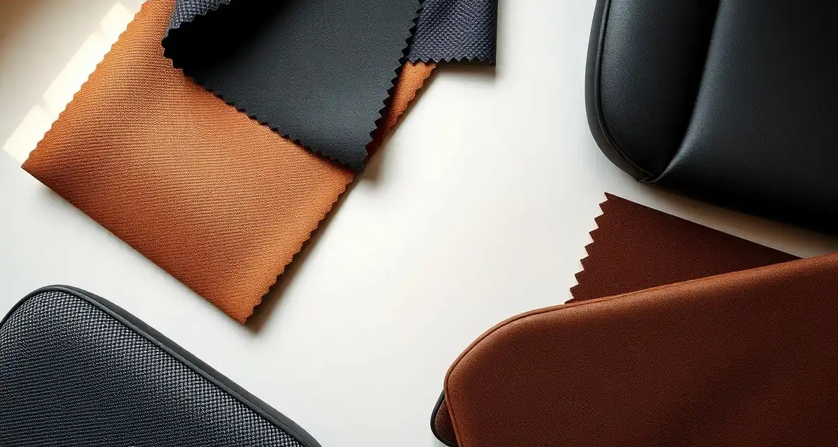 Premium fabric swatches for gaming chair reupholstery Gaming chair upholstery fabric and vinyl material samples showing various replacement options for reupholstery projects