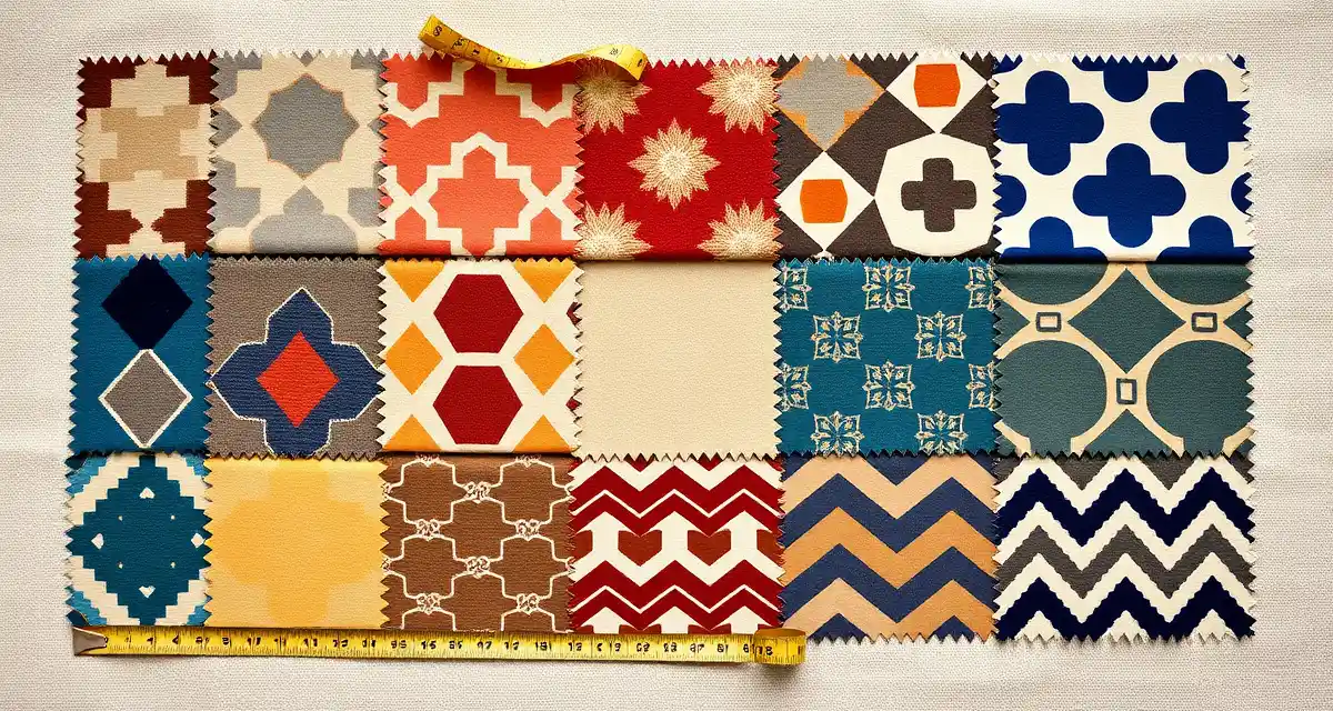 Geometric fabric patterns comparison for yardage calculation Geometric upholstery pattern samples showing diamonds, hexagons, ogees and chevrons with varying fabric yardage requirements.