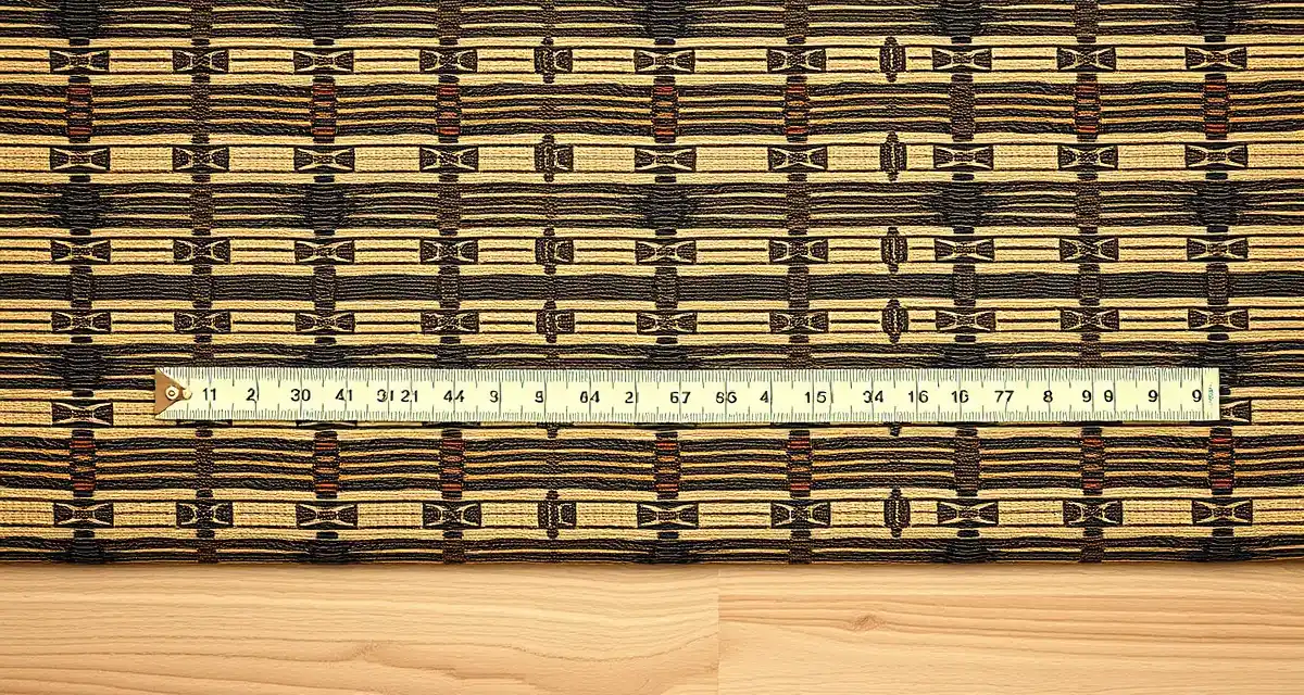 Pattern repeat measurement guide for upholstery Upholstery fabric showing horizontal pattern repeat measurement with measuring tape indicating repeat distance for yardage calculation.