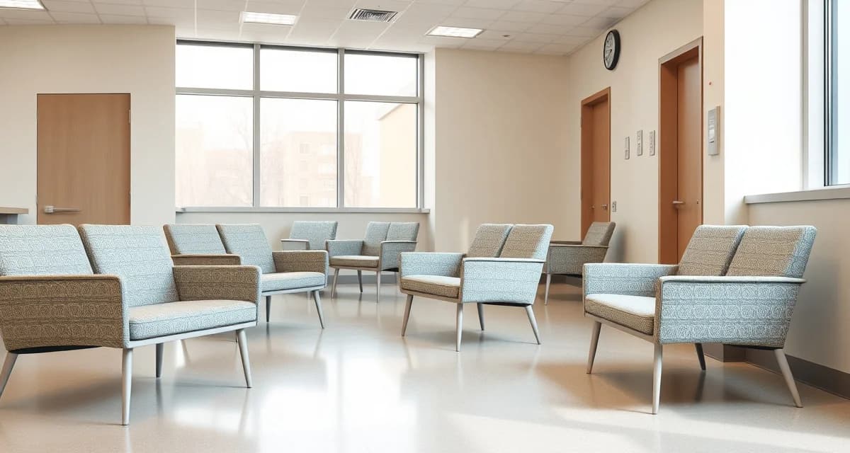 Medical waiting room furniture specifications Hospital waiting room with multiple upholstered chairs showing fabric yardage requirements for medical facilities and bulk seating projects