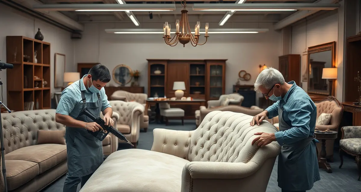 Houston upholstery shop business market overview Professional upholstery shop in Houston showing premium furniture restoration work for high-end residential clients in River Oaks area
