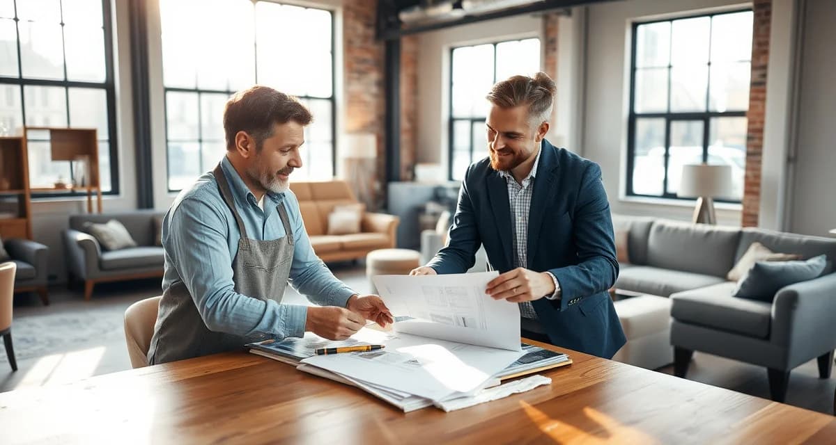 Building profitable designer relationships for upholstery businesses Interior designer and upholstery shop owner reviewing fabric samples and design portfolios during client meeting