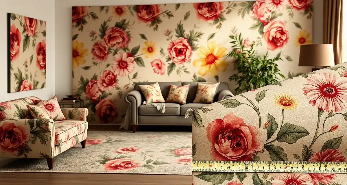 Floral Pattern Upholstery Fabric Yardage Reference Large-scale floral upholstery fabric patterns displayed on sofa with measuring guide for proper yardage calculation