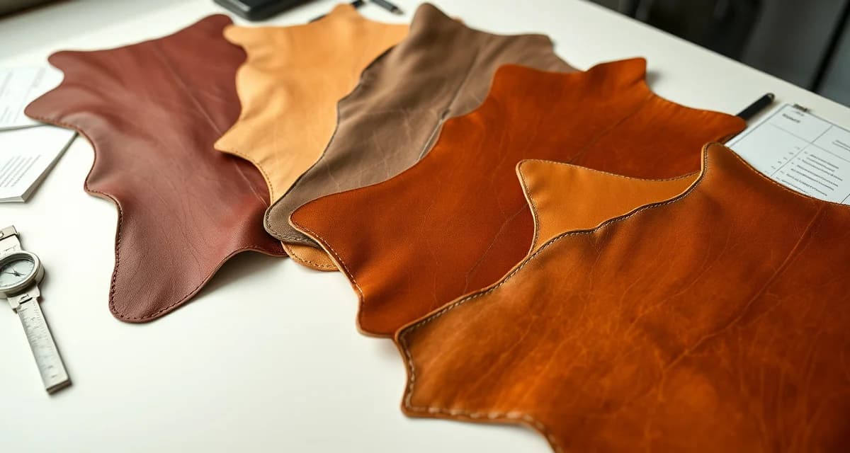 Leather hide samples for upholstery shop pricing Premium leather hide samples displaying natural grain texture and color variation for accurate upholstery pricing calculations