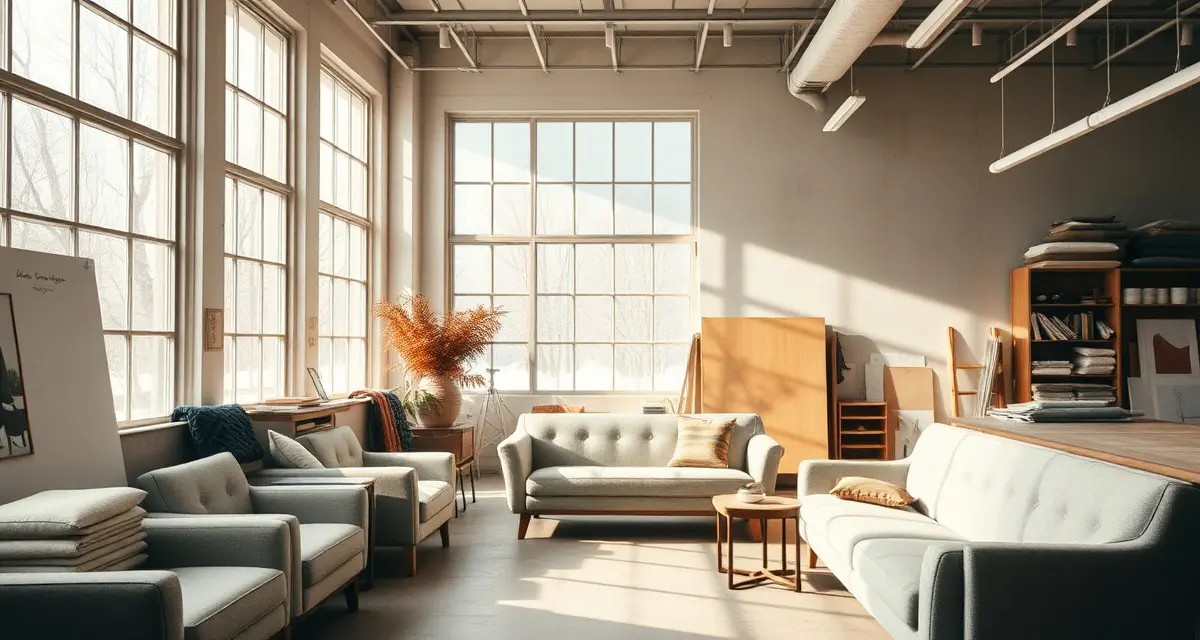 Upholstery business management solution for Minnesota shops Professional upholstery shop workspace in Minnesota with fabric samples and furniture design tools for seasonal Q4 production planning