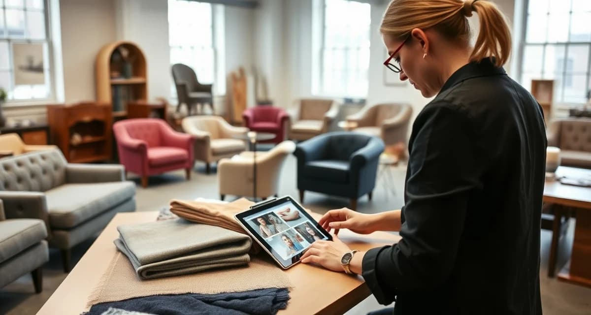 Designer reviewing upholstery production process NYC upholstery business owner reviewing digital production updates with designer client on tablet in professional workshop setting