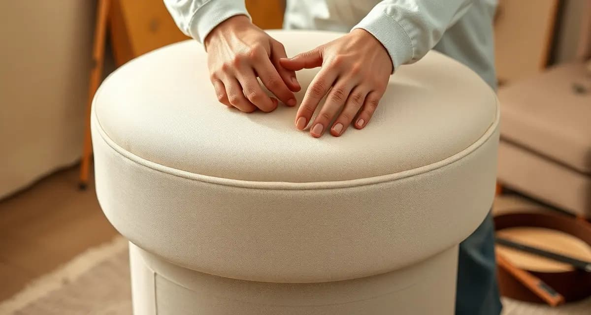 Professional ottoman reupholstery technique demonstration Upholsterer demonstrating proper fabric tension technique while reupholstering a round ottoman with cream-colored upholstery material