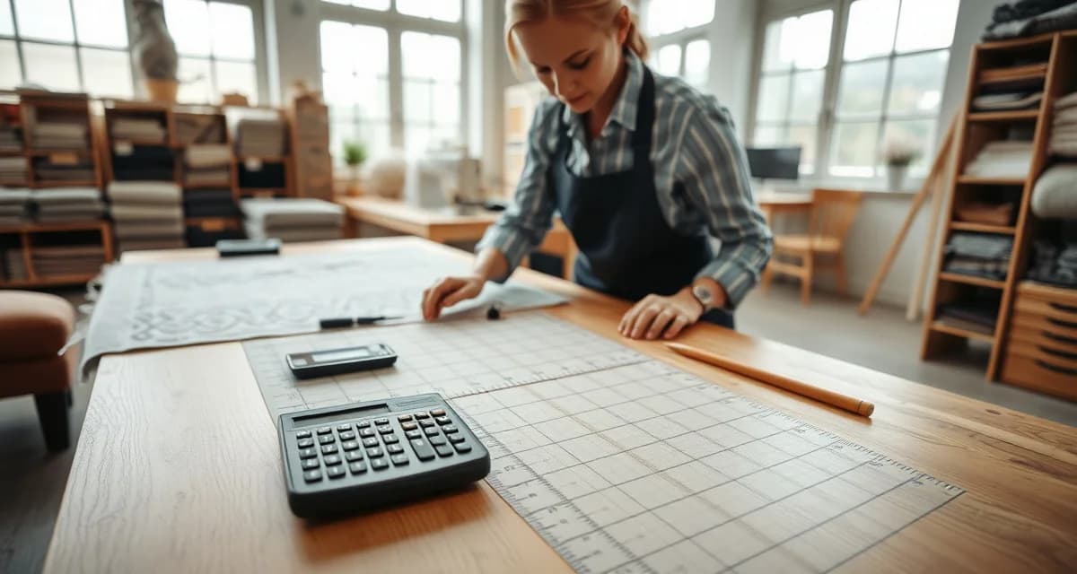 Pattern repeat measurement verification process Upholstery professional measuring fabric pattern repeat on workbench with calculator and measurement tools for accurate yardage estimation.