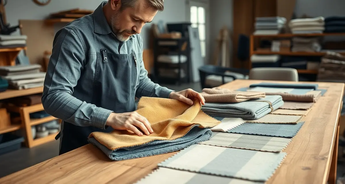 Selecting durable fabrics for pet households Pet-friendly upholstery fabric swatches showing durable textile options for homes with dogs and cats, displayed in professional workshop setting.