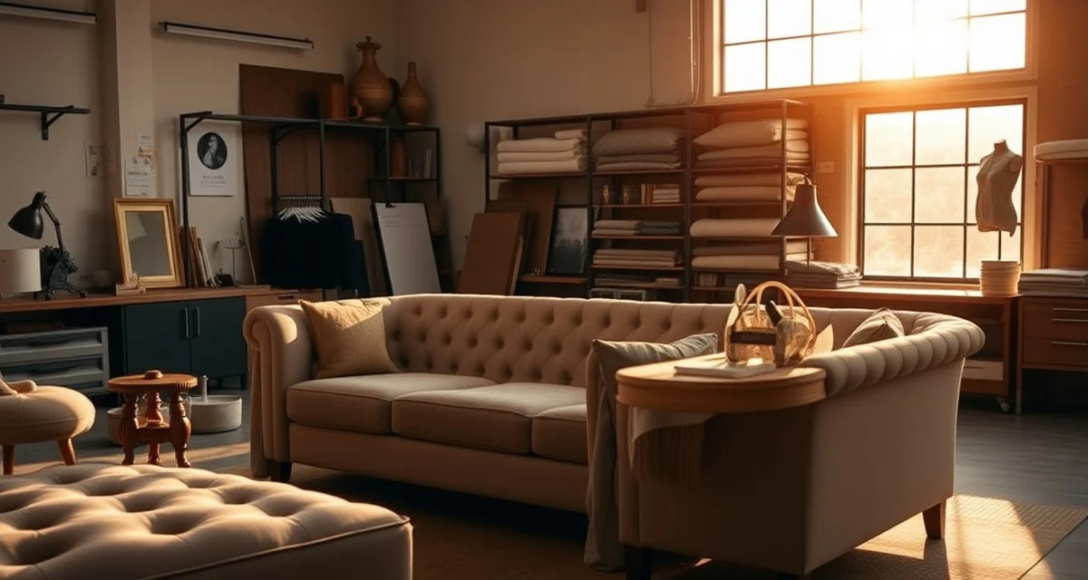 Phoenix upholstery workshop market opportunity Professional upholstery shop in Phoenix showing skilled craftsperson upholstering luxury residential furniture with quality fabrics and tools in bright natural light.