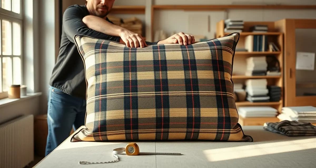 Plaid fabric matching and centering techniques for upholstery Professional upholsterer carefully centering large-scale plaid tartan fabric on sofa cushion with precision measurement tools
