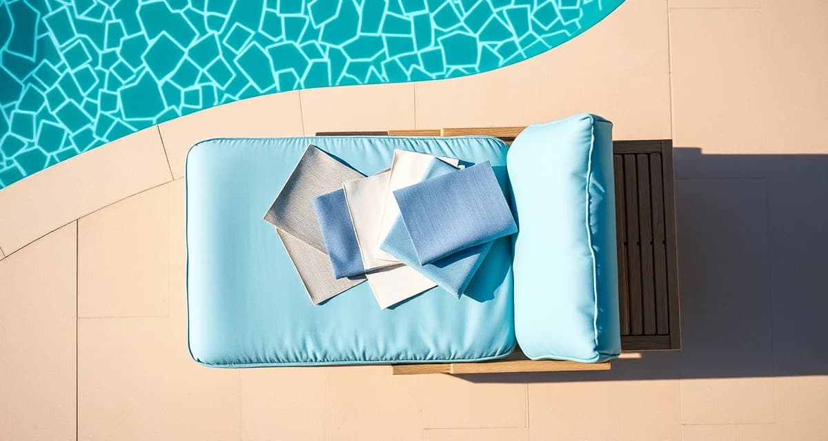 Fabric yardage guide for chaise lounge reupholstery Poolside chaise lounge with outdoor fabric cushioning and upholstery material samples for yardage calculation