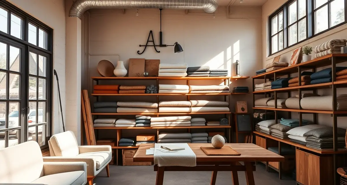 Portland's sustainable upholstery market showcase Sustainable fabric swatches and eco-friendly upholstery materials displayed in a modern Portland upholstery shop workshop with natural lighting