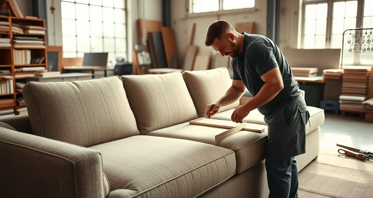 Expert upholstery craftsmanship in action Professional upholsterer measuring and cutting fabric for sofa reupholstery, demonstrating precision techniques and expertise