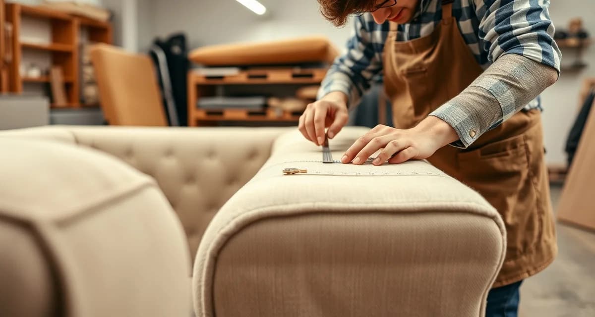 Professional fabric railroading technique for upholstered furniture Upholsterer demonstrating railroading fabric technique on sofa back to maximize yardage efficiency and reduce material costs.